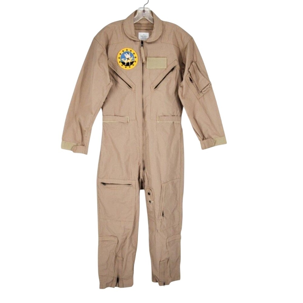 US Military Coveralls Mens 38R Beige Tan 380 CWU-27/P Flight Suit Patches